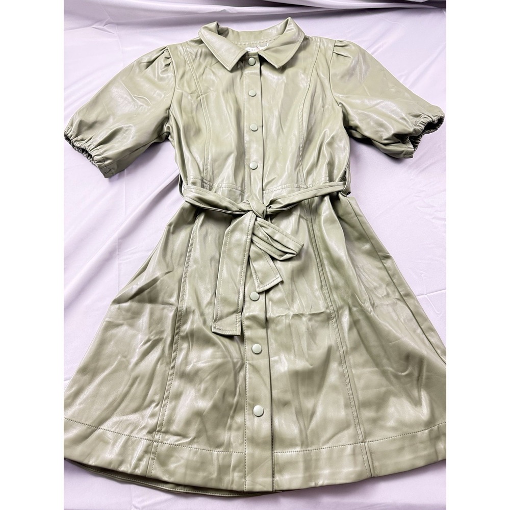 Ellison‎ Faux Leather Dress Sage Green Belted Puff Sleeve Quiet Luxury - Picture 4 of 16